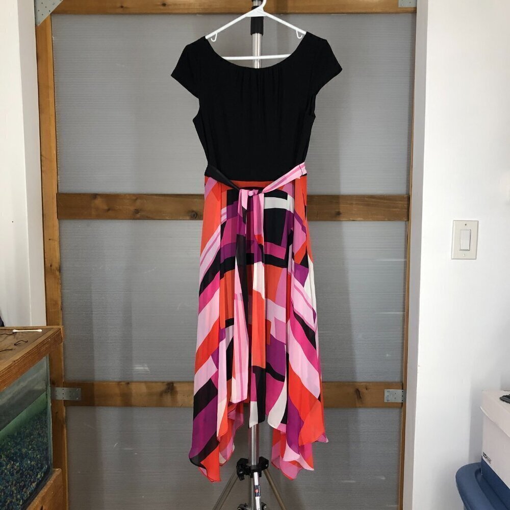 SLNY Black Scoop Neck Cap Sleeve Chiffon Multicolor Asymmetrical Maxi Dress Sz 8